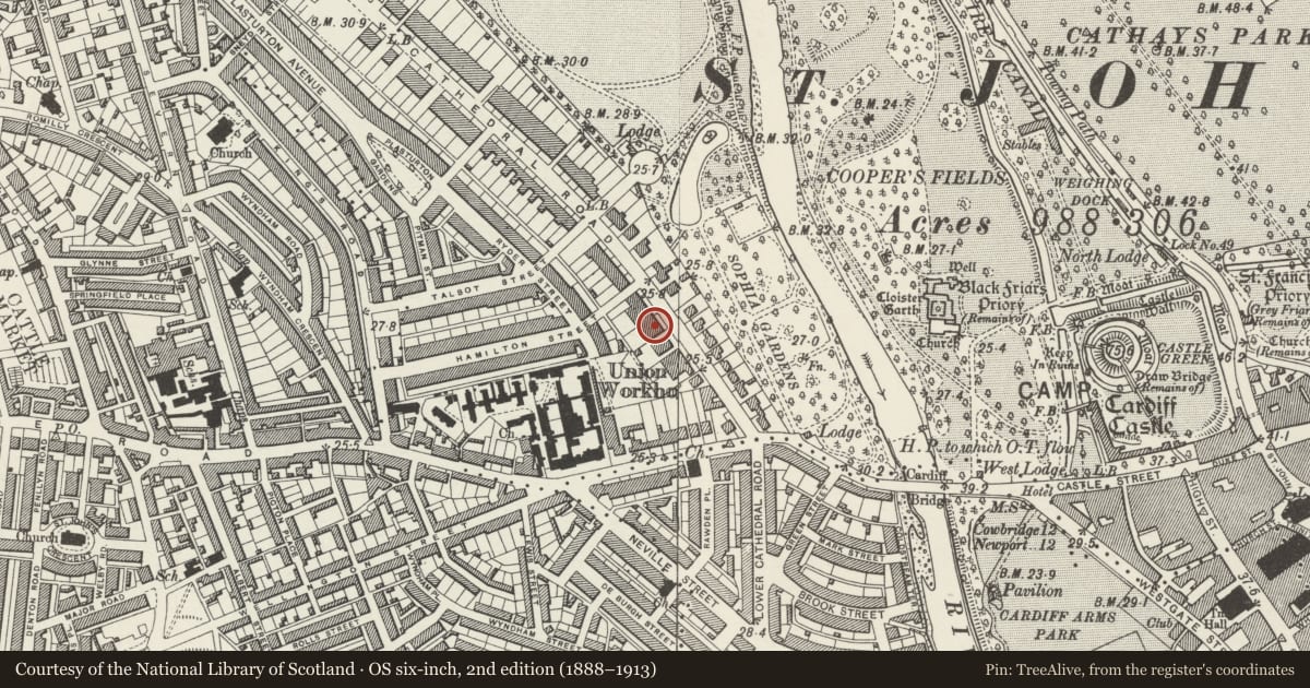 Ordnance Survey six-inch map, 2nd edition (1888–1913) covering the location of 19 Cathedral Road, Pontcanna, Cardiff, with a pin at the register's coordinates