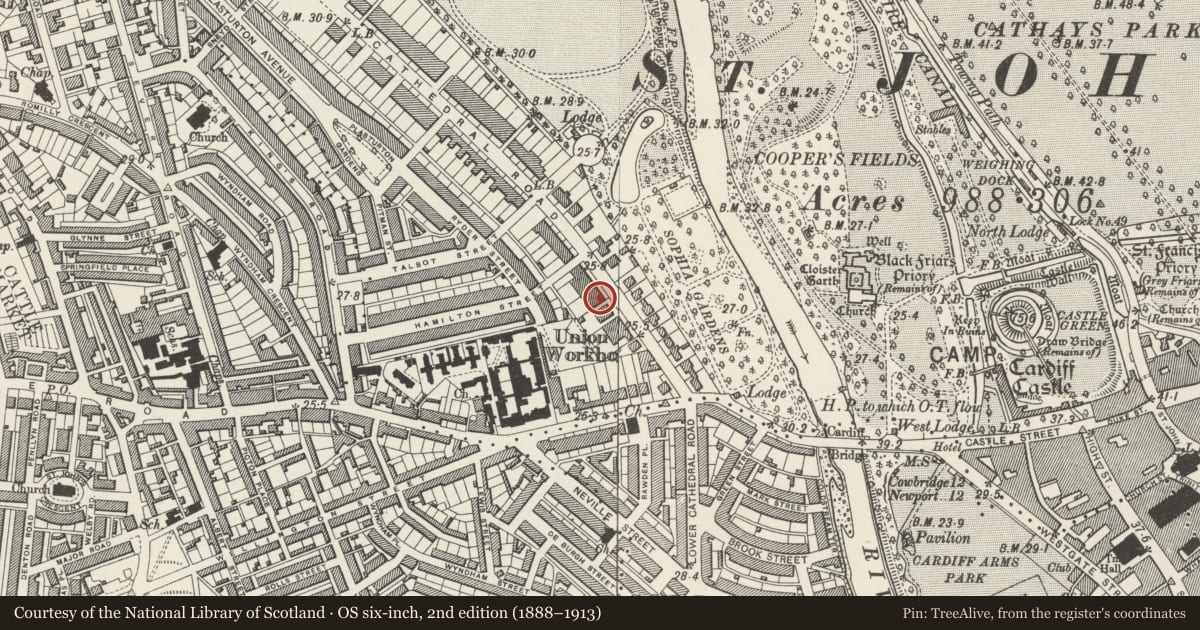 Ordnance Survey six-inch map, 2nd edition (1888–1913) covering the location of 17 Cathedral Road, Pontcanna, Cardiff, with a pin at the register's coordinates