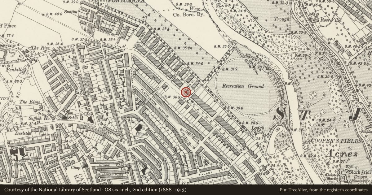 Ordnance Survey six-inch map, 2nd edition (1888–1913) covering the location of 116 Cathedral Road, Pontcanna, Cardiff, with a pin at the register's coordinates