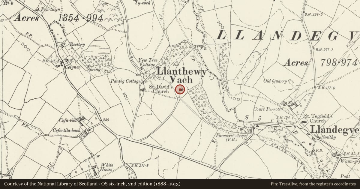 Ordnance Survey six-inch map, 2nd edition (1888–1913) covering the location of Former Church of St David, Llangybi, Monmouthshire, with a pin at the register's coordinates