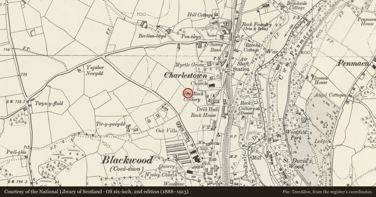 Ordnance Survey six-inch map, 2nd edition (1888–1913) covering the location of Blackwood War Memorial, Caerphilly, with a pin at the register's coordinates