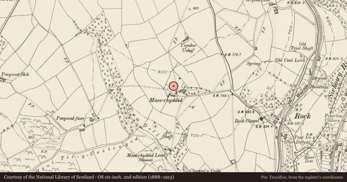 Ordnance Survey six-inch map, 2nd edition (1888–1913) covering the location of Former Coach House at Maes Manor, Blackwood, Caerphilly, with a pin at the register's coordinates