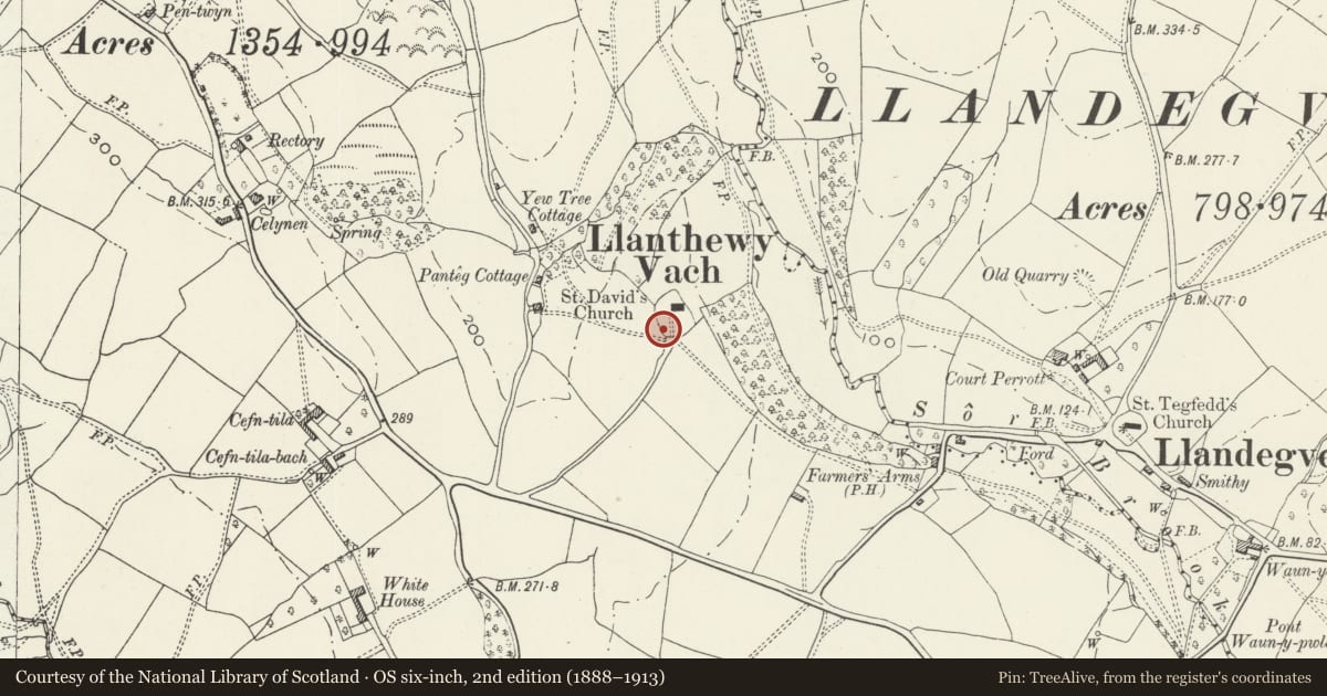 Ordnance Survey six-inch map, 2nd edition (1888–1913) covering the location of Tombstone of Margret Morgan at Church of St David, Llangybi, Monmouthshire, with a pin at the register's coordinates