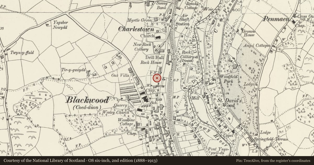 Ordnance Survey six-inch map, 2nd edition (1888–1913) covering the location of Blackwood Miners Welfare Institute, Caerphilly, with a pin at the register's coordinates