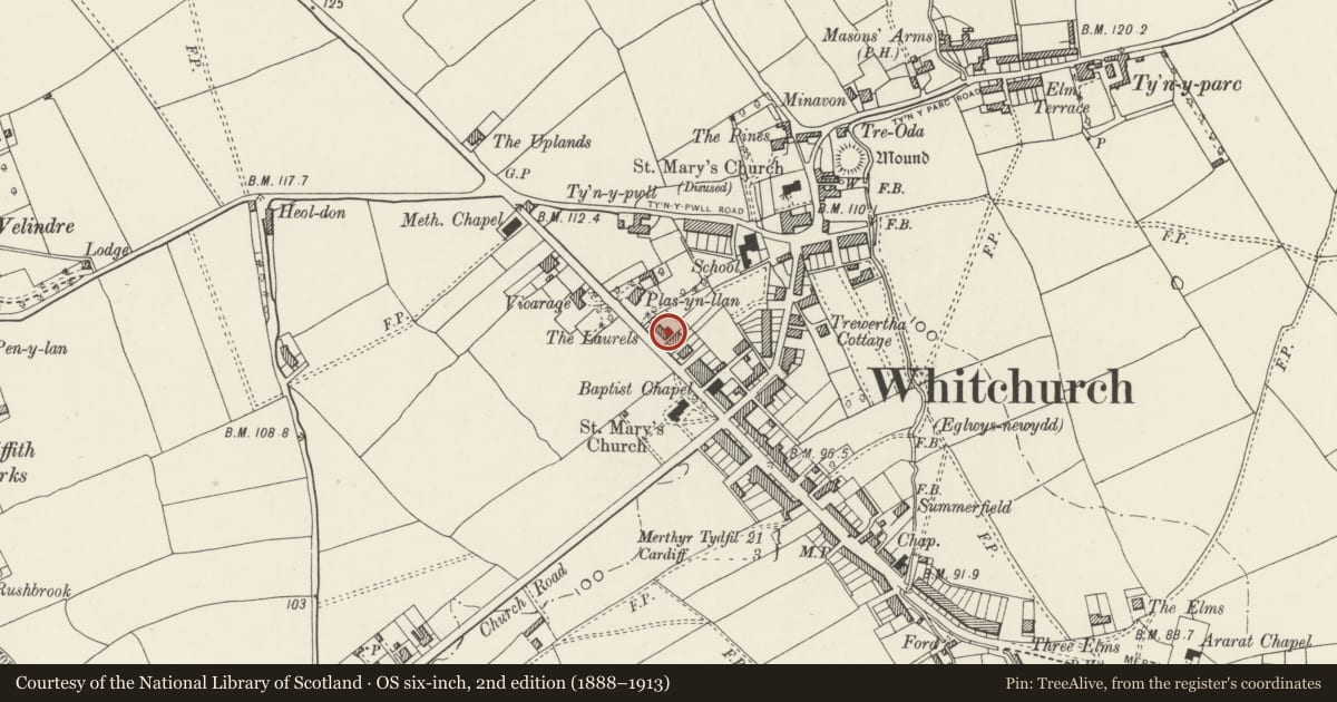 Ordnance Survey six-inch map, 2nd edition (1888–1913) covering the location of Six Gables, Whitchurch, Cardiff, with a pin at the register's coordinates