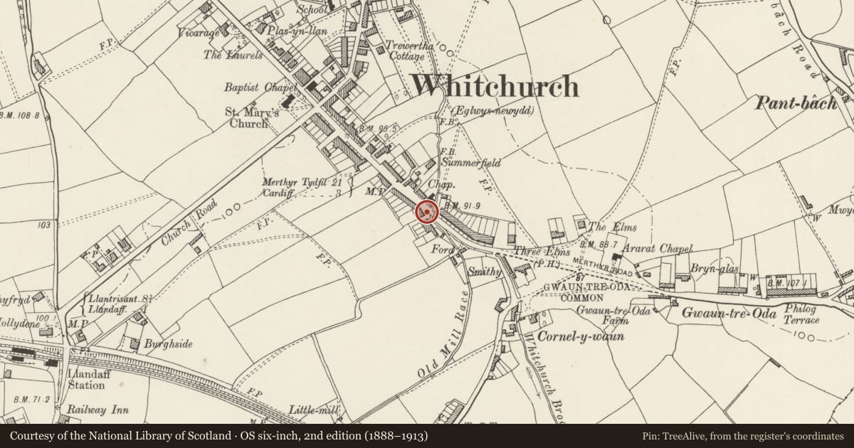 Ordnance Survey six-inch map, 2nd edition (1888–1913) covering the location of Front Wall, Gatepiers and Gate of No 88 (Bridge House), Whitchurch, Cardiff, with a pin at the register's coordinates