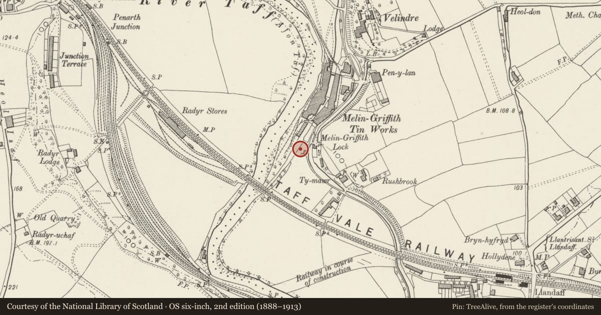 Ordnance Survey six-inch map, 2nd edition (1888–1913) covering the location of Former Towpath Bridge to Glamorganshire Canal, Whitchurch, Cardiff, with a pin at the register's coordinates