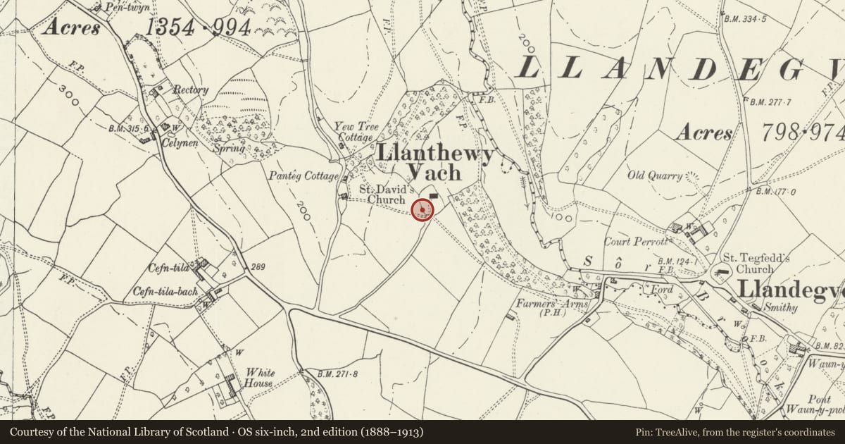 Ordnance Survey six-inch map, 2nd edition (1888–1913) covering the location of Tombstone of John Phillip to south west of the Church of St David, Llangybi, Monmouthshire, with a pin at the register's coordinates