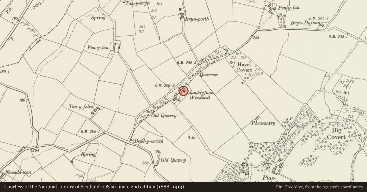 Ordnance Survey six-inch map, 2nd edition (1888–1913) covering the location of Melin Llanddyfnan aka Pen y fan, Isle of Anglesey, with a pin at the register's coordinates