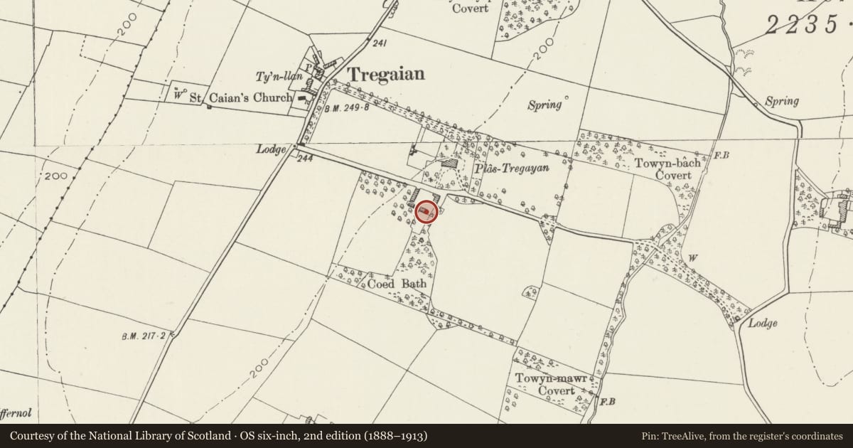 Ordnance Survey six-inch map, 2nd edition (1888–1913) covering the location of Barn at Plas Tregayan, Llanddyfnan, Isle of Anglesey, with a pin at the register's coordinates