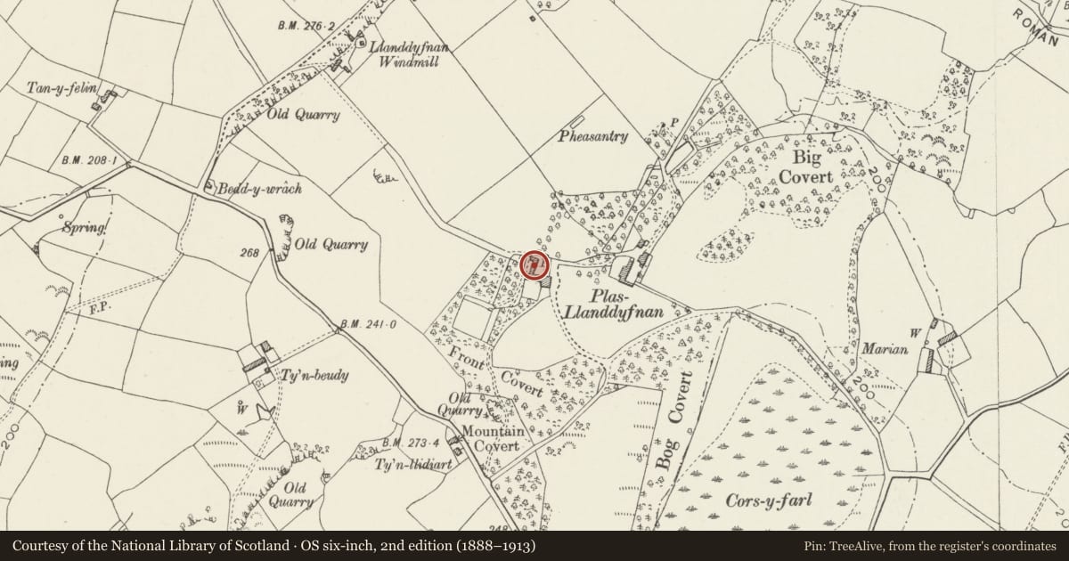 Ordnance Survey six-inch map, 2nd edition (1888–1913) covering the location of Lofted stable range at Plas Llanddyfnan, Isle of Anglesey, with a pin at the register's coordinates