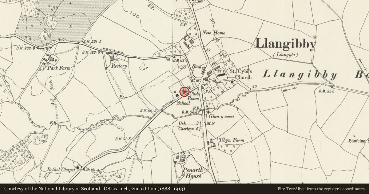 Ordnance Survey six-inch map, 2nd edition (1888–1913) covering the location of Graigwen, Llangybi, Monmouthshire, with a pin at the register's coordinates