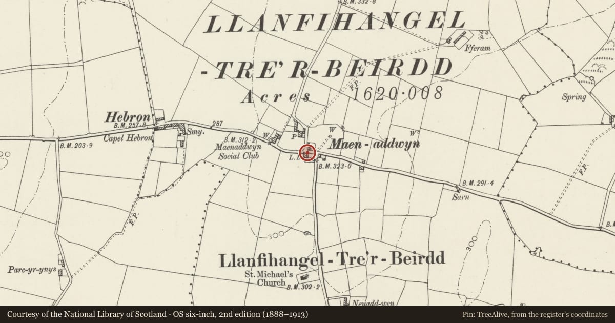 Ordnance Survey six-inch map, 2nd edition (1888–1913) covering the location of Telephone Call-box, Llanddyfnan, Isle of Anglesey, with a pin at the register's coordinates