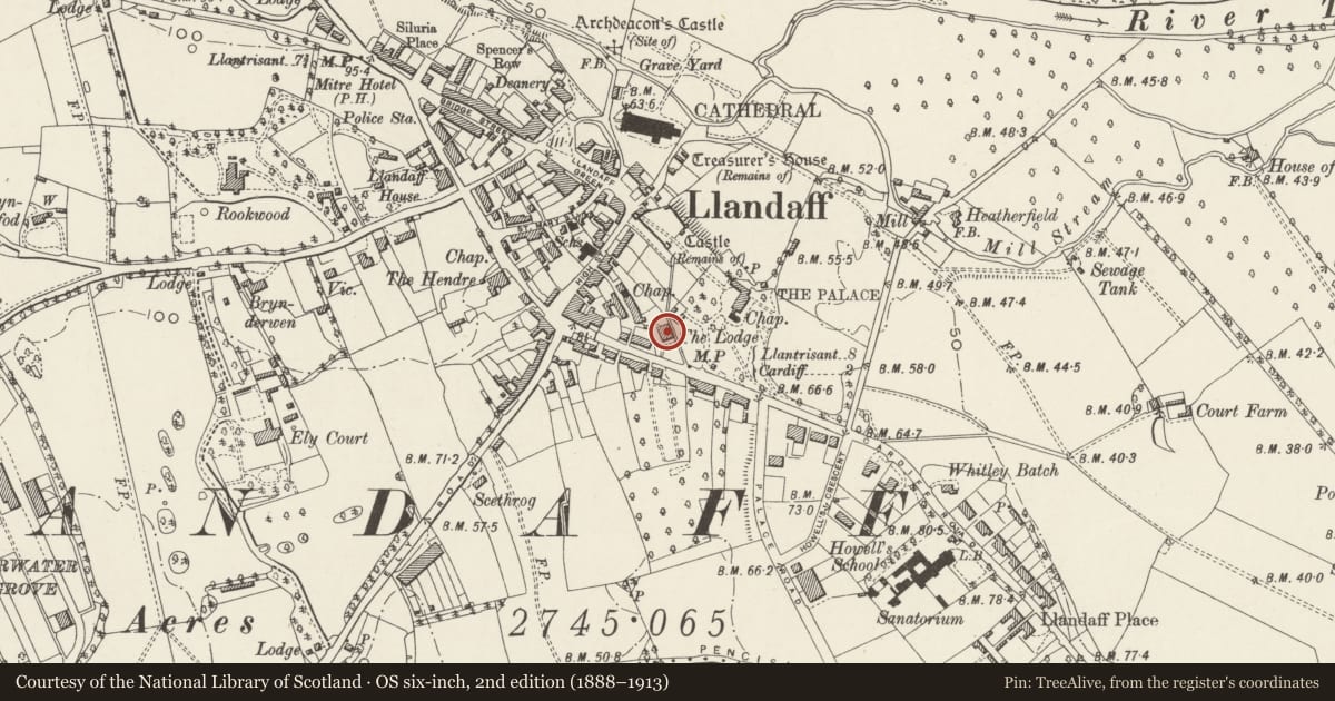 Ordnance Survey six-inch map, 2nd edition (1888–1913) covering the location of The Lodge, Llandaff, Cardiff, with a pin at the register's coordinates