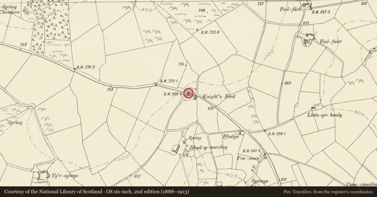 Ordnance Survey six-inch map, 2nd edition (1888–1913) covering the location of Knightsford Farm, Newchurch and Merthyr, Carmarthenshire, with a pin at the register's coordinates