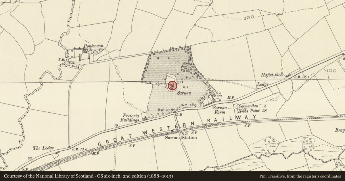 Ordnance Survey six-inch map, 2nd edition (1888–1913) covering the location of Sarnau Mansion, Newchurch and Merthyr, Carmarthenshire, with a pin at the register's coordinates