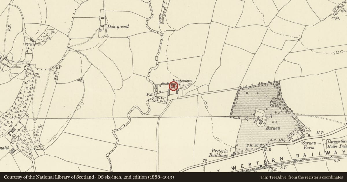 Ordnance Survey six-inch map, 2nd edition (1888–1913) covering the location of Pontcowin, Newchurch and Merthyr, Carmarthenshire, with a pin at the register's coordinates