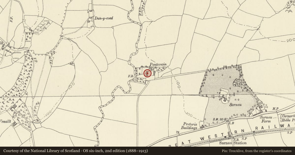Ordnance Survey six-inch map, 2nd edition (1888–1913) covering the location of West range of outbuildings at Pontcowin, Newchurch and Merthyr, Carmarthenshire, with a pin at the register's coordinates