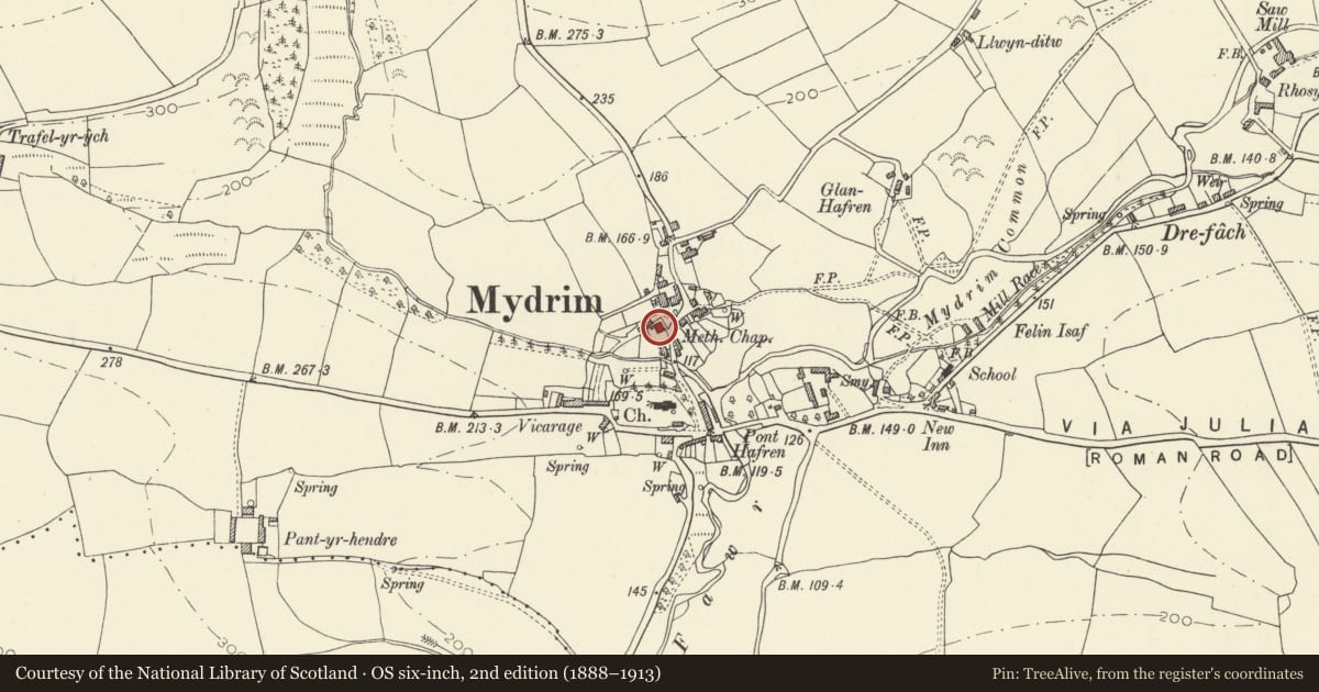 Ordnance Survey six-inch map, 2nd edition (1888–1913) covering the location of Bethel Calvinistic Methodist Chapel, Meidrim, Carmarthenshire, with a pin at the register's coordinates