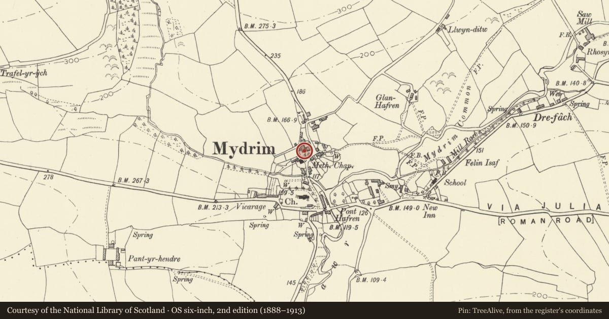 Ordnance Survey six-inch map, 2nd edition (1888–1913) covering the location of The Close, Meidrim, Carmarthenshire, with a pin at the register's coordinates