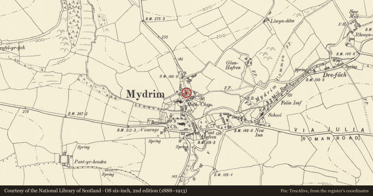 Ordnance Survey six-inch map, 2nd edition (1888–1913) covering the location of L-plan outbuilding to E of The Close, Meidrim, Carmarthenshire, with a pin at the register's coordinates