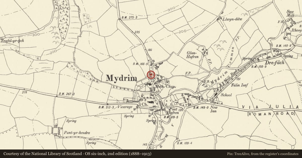 Ordnance Survey six-inch map, 2nd edition (1888–1913) covering the location of Lofted outbuilding to N of The Close, Meidrim, Carmarthenshire, with a pin at the register's coordinates