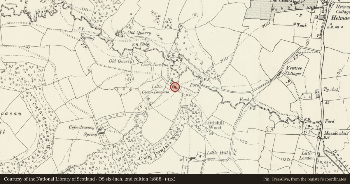Ordnance Survey six-inch map, 2nd edition (1888–1913) covering the location of Little Cwm-dowlais Farmhouse, Llangybi, Monmouthshire, with a pin at the register's coordinates