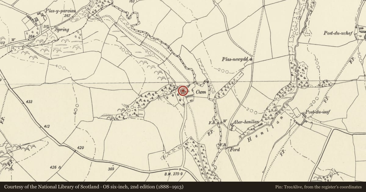 Ordnance Survey six-inch map, 2nd edition (1888–1913) covering the location of Cwm, Meidrim, Carmarthenshire, with a pin at the register's coordinates