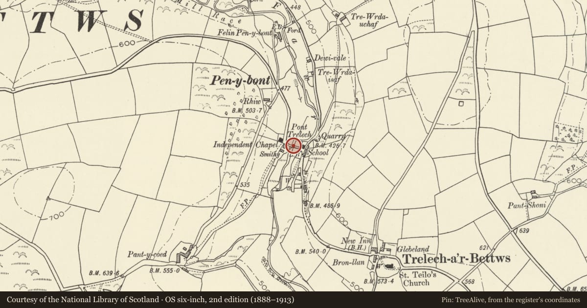 Ordnance Survey six-inch map, 2nd edition (1888–1913) covering the location of Pont Trelech, Carmarthenshire, with a pin at the register's coordinates