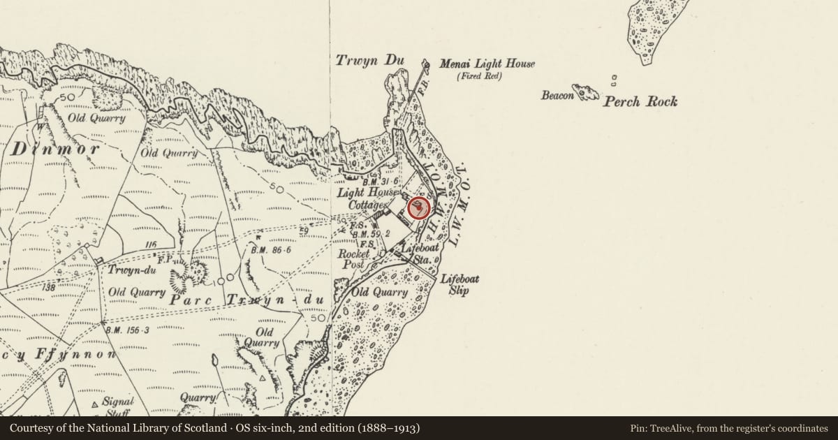 Ordnance Survey six-inch map, 2nd edition (1888–1913) covering the location of Pilot's Cottage (former No 2), Llangoed, Isle of Anglesey, with a pin at the register's coordinates