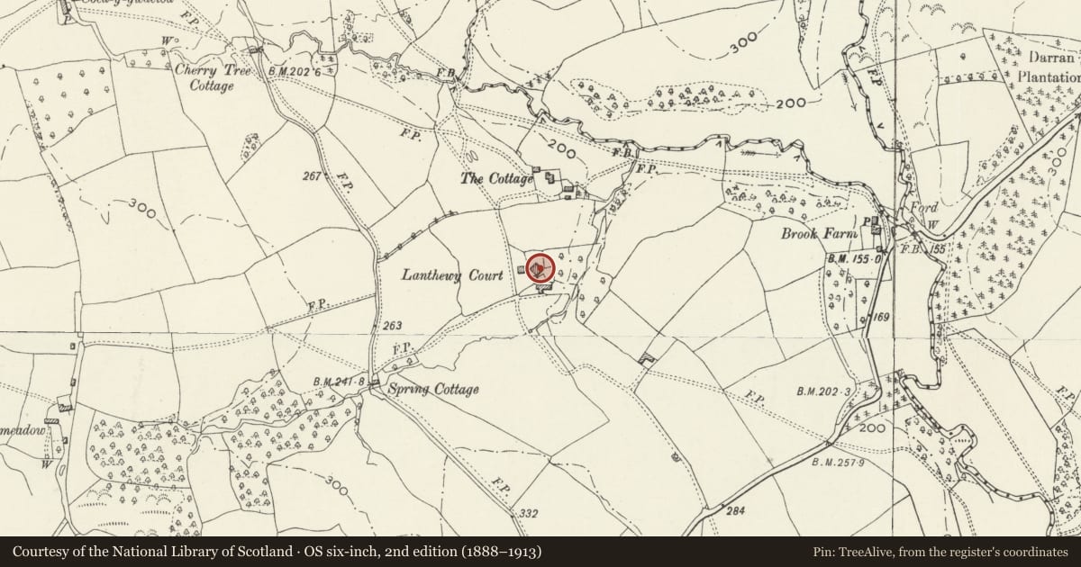 Ordnance Survey six-inch map, 2nd edition (1888–1913) covering the location of Llanddewi Court, Llangybi, Monmouthshire, with a pin at the register's coordinates