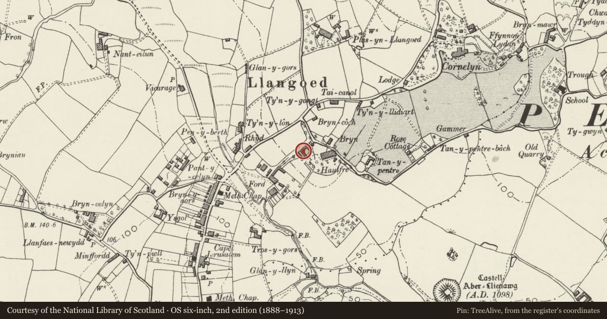 Ordnance Survey six-inch map, 2nd edition (1888–1913) covering the location of Haulfre Stables, Llangoed, Isle of Anglesey, with a pin at the register's coordinates
