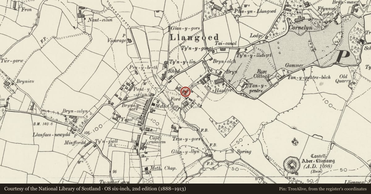 Ordnance Survey six-inch map, 2nd edition (1888–1913) covering the location of Outbuilding range at Haulfre Stables, Llangoed, Isle of Anglesey, with a pin at the register's coordinates