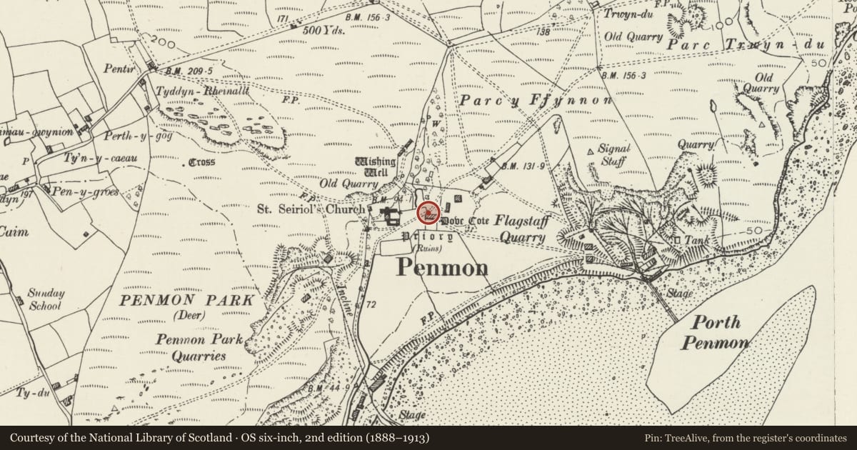 Ordnance Survey six-inch map, 2nd edition (1888–1913) covering the location of Dovecote and barn at Penmon Priory, Llangoed, Isle of Anglesey, with a pin at the register's coordinates
