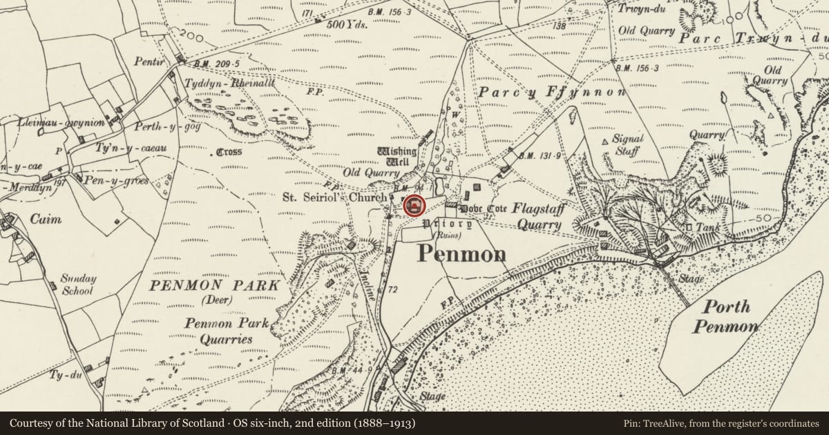 Ordnance Survey six-inch map, 2nd edition (1888–1913) covering the location of Refectory at Penmon Priory, Llangoed, Isle of Anglesey, with a pin at the register's coordinates