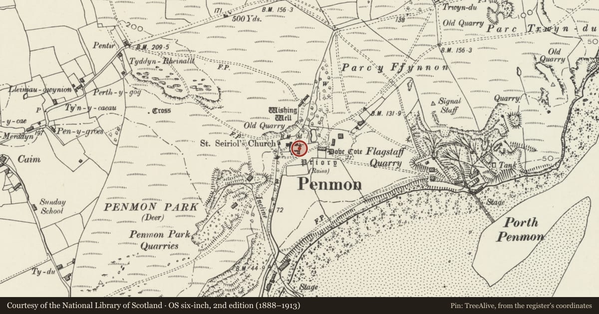 Ordnance Survey six-inch map, 2nd edition (1888–1913) covering the location of Priory house outbuilding, Llangoed, Isle of Anglesey, with a pin at the register's coordinates