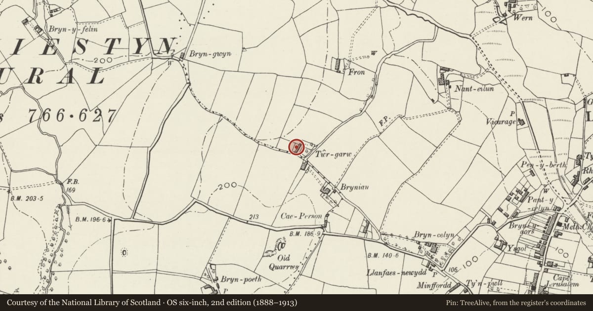 Ordnance Survey six-inch map, 2nd edition (1888–1913) covering the location of Twr Garw, Llangoed, Isle of Anglesey, with a pin at the register's coordinates