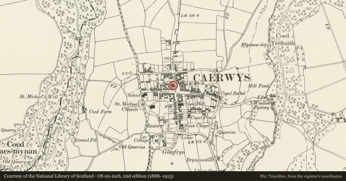 Ordnance Survey six-inch map, 2nd edition (1888–1913) covering the location of 1 North Street, Caerwys, Flintshire, with a pin at the register's coordinates