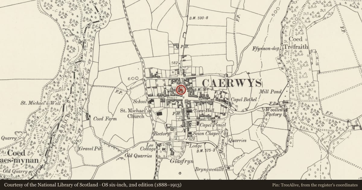 Ordnance Survey six-inch map, 2nd edition (1888–1913) covering the location of 2 North Street, Caerwys, Flintshire, with a pin at the register's coordinates