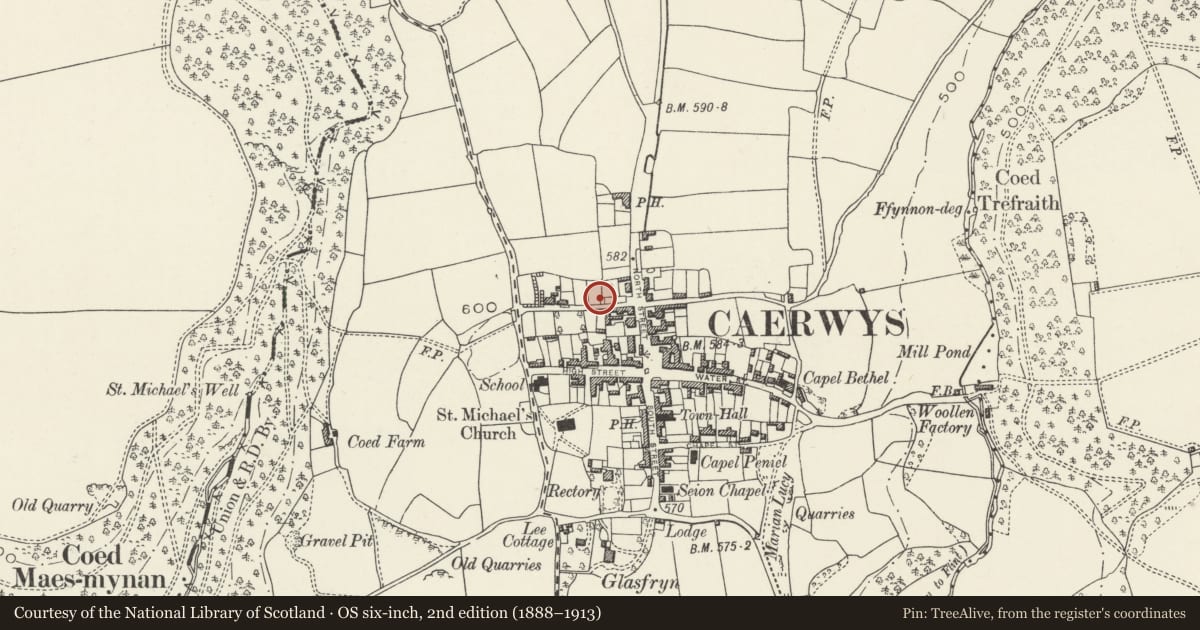 Ordnance Survey six-inch map, 2nd edition (1888–1913) covering the location of Caerwys Pinfold, Flintshire, with a pin at the register's coordinates