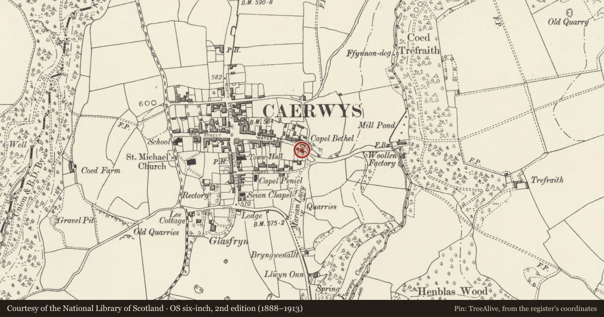 Ordnance Survey six-inch map, 2nd edition (1888–1913) covering the location of Gableside, Caerwys, Flintshire, with a pin at the register's coordinates