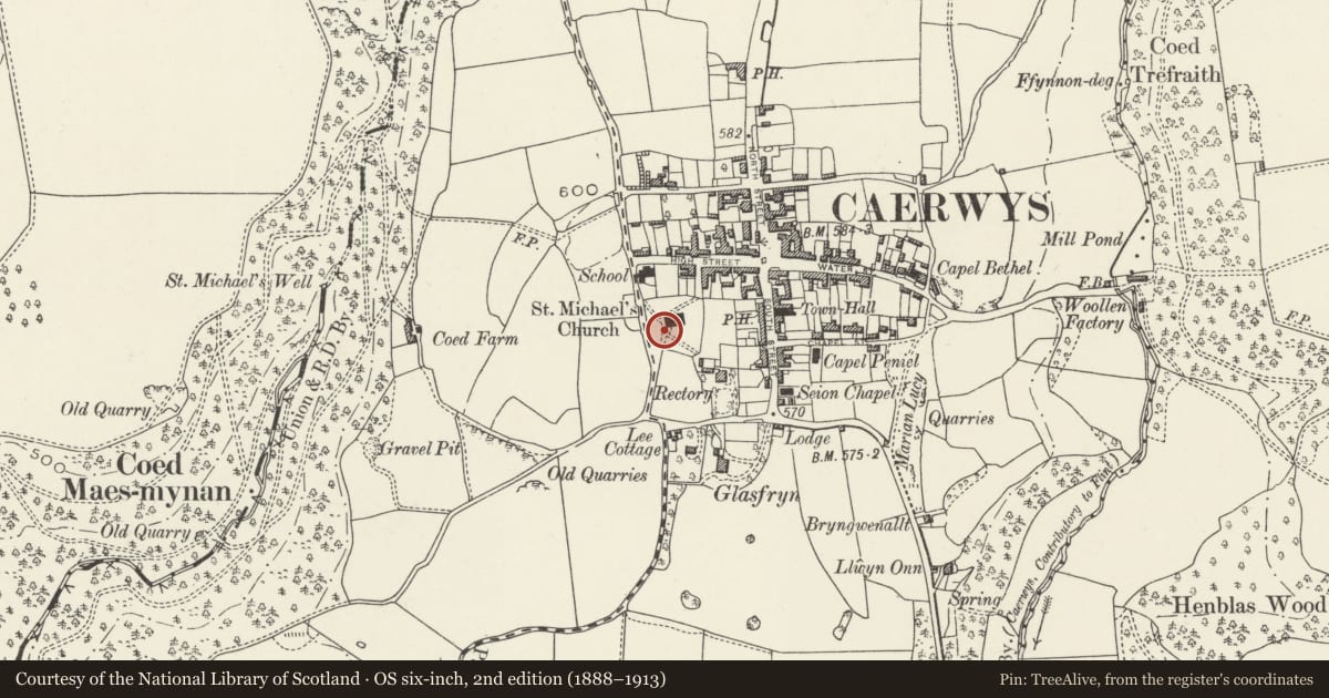 Ordnance Survey six-inch map, 2nd edition (1888–1913) covering the location of Sundial in Caerwys churchyard, Flintshire, with a pin at the register's coordinates