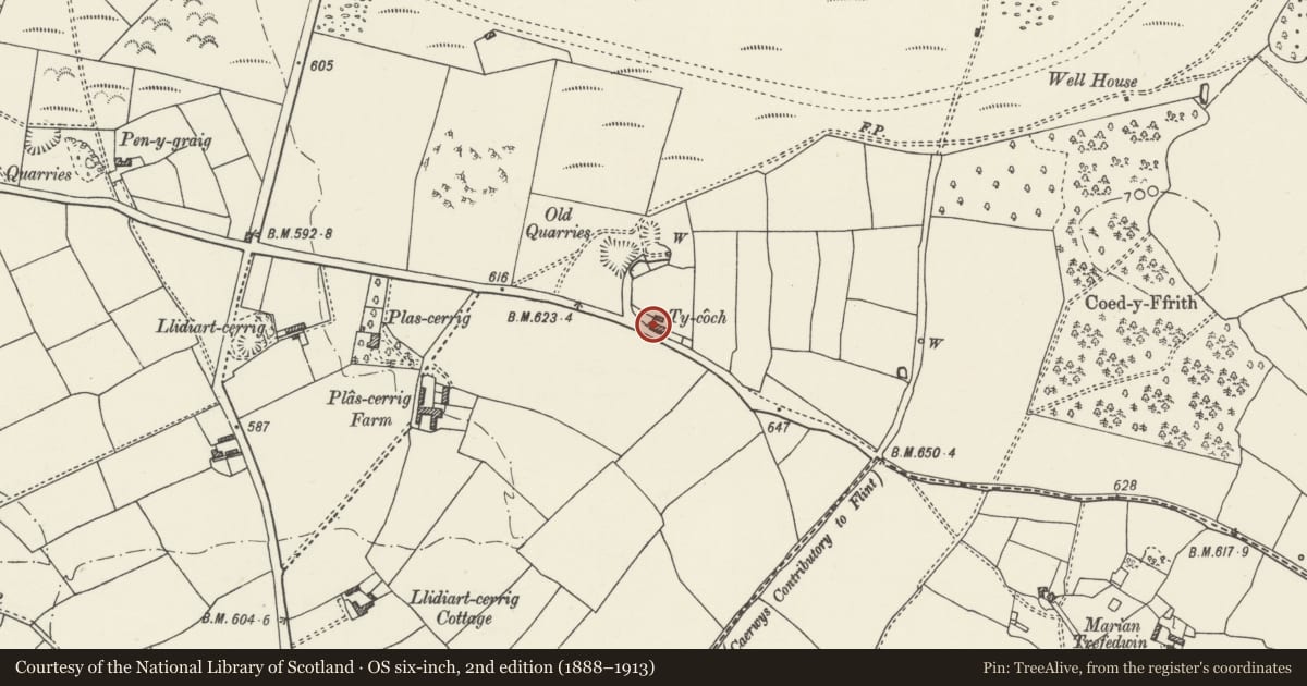 Ordnance Survey six-inch map, 2nd edition (1888–1913) covering the location of Ty Coch with attached agricultural range, Caerwys, Flintshire, with a pin at the register's coordinates
