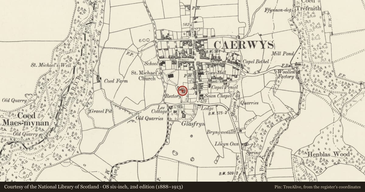 Ordnance Survey six-inch map, 2nd edition (1888–1913) covering the location of The Rectory, Caerwys, Flintshire, with a pin at the register's coordinates