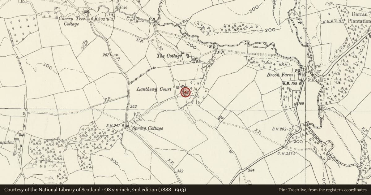 Ordnance Survey six-inch map, 2nd edition (1888–1913) covering the location of Barn at Llanddewi Court, Llangybi, Monmouthshire, with a pin at the register's coordinates