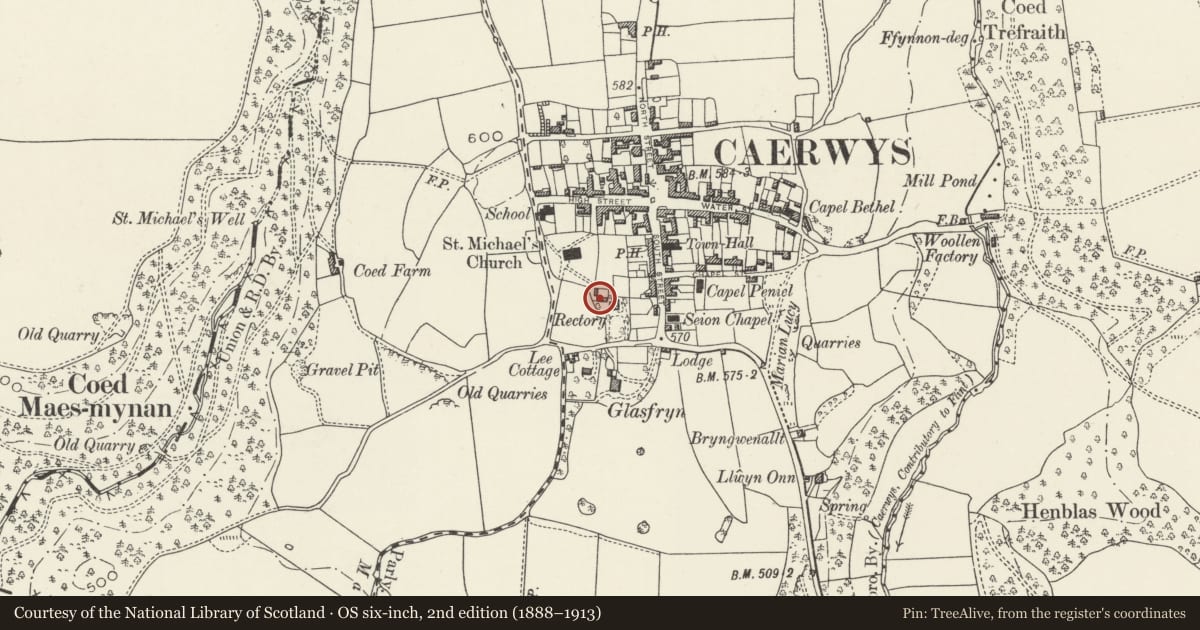 Ordnance Survey six-inch map, 2nd edition (1888–1913) covering the location of Coach House with stable & privy at The Rectory, Caerwys, Flintshire, with a pin at the register's coordinates