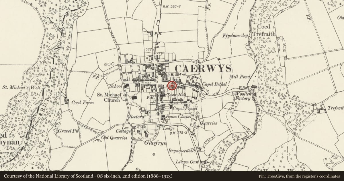 Ordnance Survey six-inch map, 2nd edition (1888–1913) covering the location of Manor Court (also known as Sessions House), Caerwys, Flintshire, with a pin at the register's coordinates