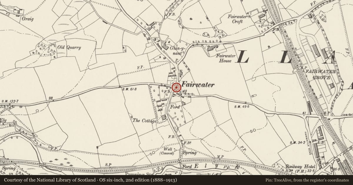 Ordnance Survey six-inch map, 2nd edition (1888–1913) covering the location of Signpost at junction with Fairwater Road, Cardiff, with a pin at the register's coordinates