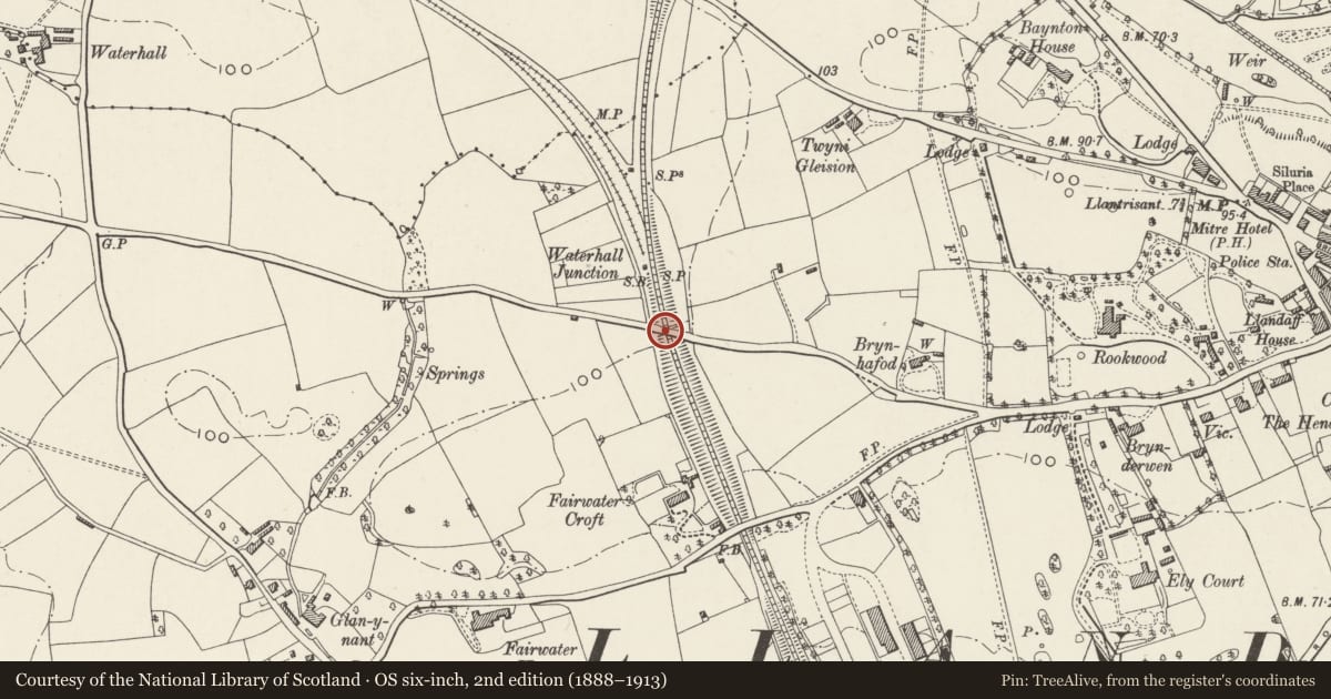 Ordnance Survey six-inch map, 2nd edition (1888–1913) covering the location of Railway Bridge carrying Pwllmelin Road, Fairwater, Cardiff, with a pin at the register's coordinates