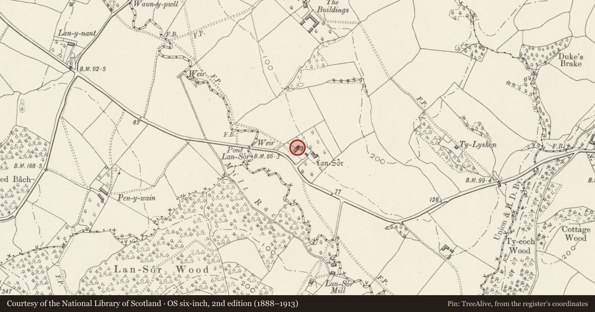 Ordnance Survey six-inch map, 2nd edition (1888–1913) covering the location of Lansor, Llangybi, Monmouthshire, with a pin at the register's coordinates